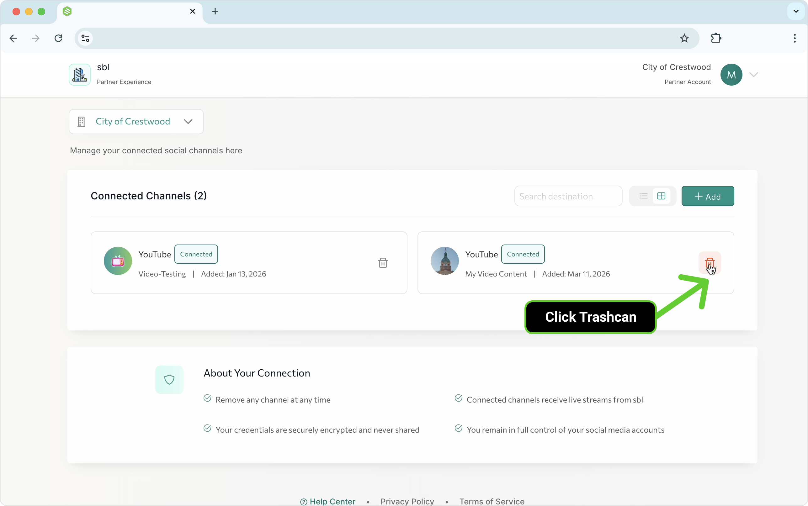 A mock up image of the PartnerShare Portal a green arrow points to the trash can icon with a black label and white letter that reads "Click Trashcan"