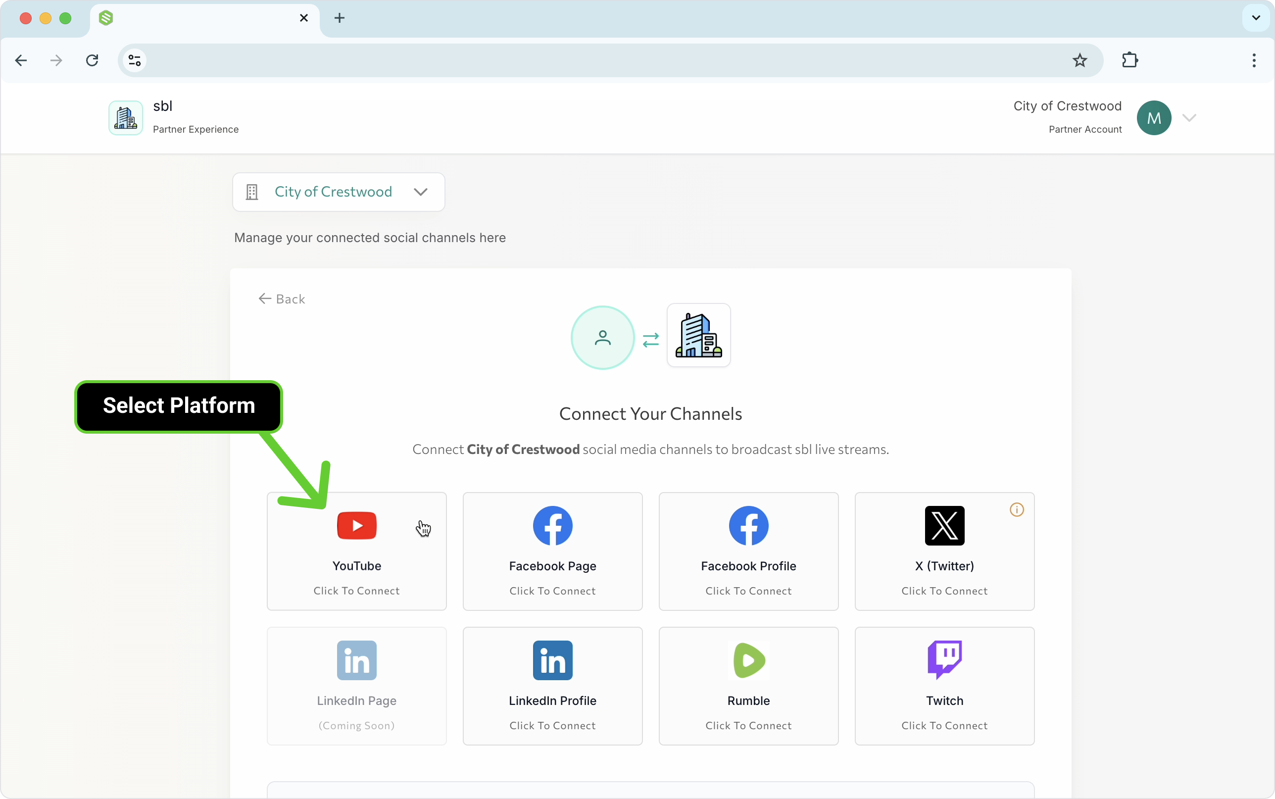 A mock up image of eight social media icons arranged in a grid of two rows and three columns, a green arrow points to the YouTube icon with a black label and white letter that reads "Select Platform"
